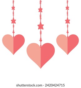 Pink heart icon set. Happy Valentines day sign symbol simple template. Hanging dash line, bow. Cute graphic object. Flat design style. Love greeting card. Isolated. White background 4 5 5