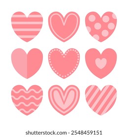 Pink heart icon set. Happy Valentines day. Cute polka dot, line pattern. Love sign symbol simple template. Greeting card. Decoration element. Square composition. Flat design. White background. Vector