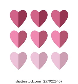 Pink heart icon set. Happy Valentine's Day. Half heart shadow. Origami paper hearts. Cute half heart. Poster, invitation, banner, love greeting card template. Flat design. White background. Vector