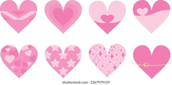 Pink heart icon set with various patterns. Stars, hearts and geometric ornaments. Decoration elements for greeting and love cards isolated on white background. Vector illustration