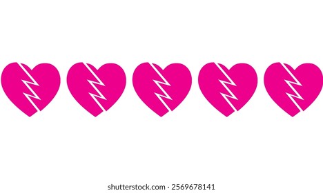 Pink heart icons, broken heart, love symbol, cracked heart icon, heartbreak, flat vector icon.