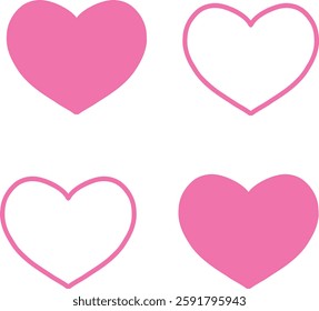Pink Heart Icons Set - Solid and Outline Style