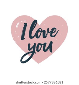 Pink heart illustration with I love you handwritten text in calligraphy style on a white background. Represents love and affection. Valentine's day illustration.