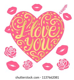 Pink heart with the inscription I love you. Curls and inscription lettering. Vector illustration. Design for St. Valentine's Day