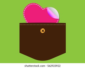 Pink Heart keep in Pocket on green background.Vector Illustration.