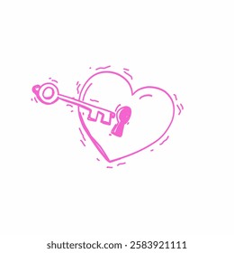 Pink heart with a key and keyhole, hand drawn vector illustration symbolizing love, trust, and emotional connection