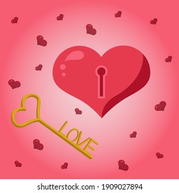 Pink heart with keyhole opened by Fortuna Golden key called Love on gradient background. Vector illustration. Locked love.