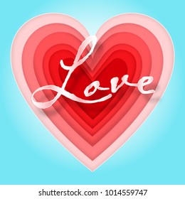 Pink heart layer in sea blue background as happy valentine's day, wedding and love paper cut concept. vector illustration.
