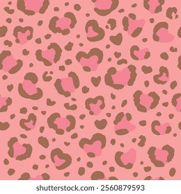 Pink heart leopard seamless pattern, animal skin background illustration for Valentine's day.
