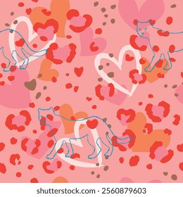 Pink heart leopard seamless pattern, animal skin background illustration for Valentine's day.