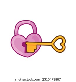 Pink Heart Lock and Golden Key Icon for valentines day. Set of Old Medieaval love symbol isolated on white background