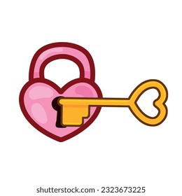 Pink Heart Lock and Golden Key Icon for valentines day. Set of Old Medieaval love symbol isolated on white background