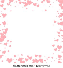 Pink heart love confettis. Valentine's day frame optimal background. Falling stitched paper hearts confetti on white background. Enchanting vector illustration.