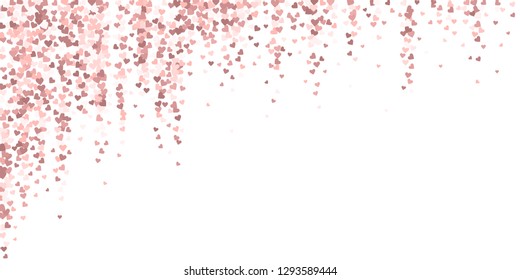Pink heart love confettis. Valentine's day falling rain enchanting background. Falling flat hearts confetti on white background. Emotional vector illustration.