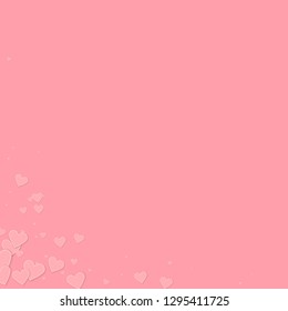Pink heart love confettis. Valentine's day corner captivating background. Falling stitched paper hearts confetti on pink background. Enchanting vector illustration.