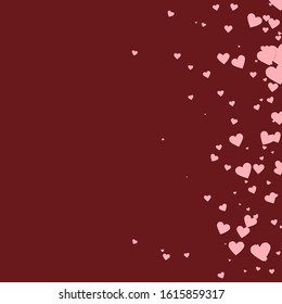 Pink heart love confettis. Valentine's day gradient amazing background. Falling stitched paper hearts confetti on maroon background. Exotic vector illustration.