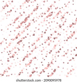 Pink heart love confettis. Valentine's day falling rain elegant background. Falling flat hearts confetti on white background. Curious vector illustration.