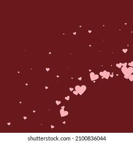 Pink heart love confettis. Valentine's day corner bewitching background. Falling stitched paper hearts confetti on maroon background. Ecstatic vector illustration.