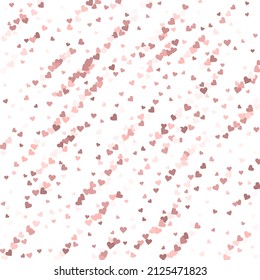 Pink heart love confettis. Valentine's day falling rain elegant background. Falling flat hearts confetti on white background. Curious vector illustration.