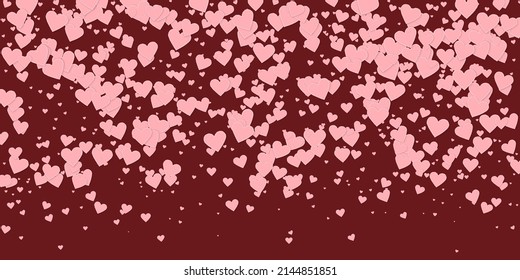 Pink heart love confettis. Valentine's day gradient imaginative background. Falling stitched paper hearts confetti on maroon background. Exceptional vector illustration.