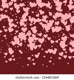 Pink heart love confettis. Valentine's day gradient artistic background. Falling stitched paper hearts confetti on maroon background. Cute vector illustration.