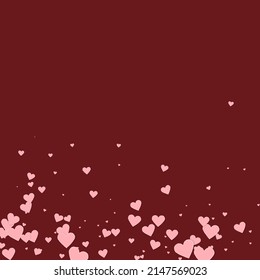 Pink heart love confettis. Valentine's day gradient ecstatic background. Falling stitched paper hearts confetti on maroon background. Exceptional vector illustration.