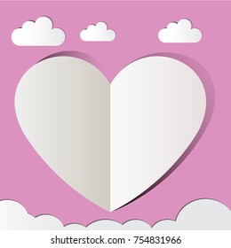 Pink Heart Love Paper Cutter Love Valentine's Day Background with Clouds.Vector holiday illustration. 