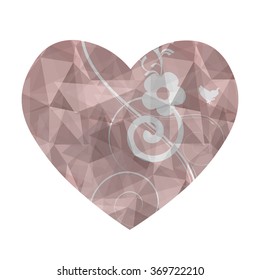 Pink heart in love polygonal low poly with abstract flower on isolated