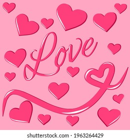 Ilustración vectorial de un corazón rosado con escritura de amor.  Vector aislado en color rosa