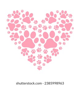 Un corazón rosado hecho de huellas de animales. Un gato, un perro, un gatito, unas patas de cachorro. Amar a los animales. Cuidado con las mascotas. Tienda de mascotas, veterinaria. Cartel, folleto, afiche, tarjeta de saludo. Ilustración vectorial.