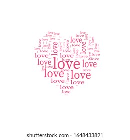 Pink heart made of words love. Vector icon. isolated.