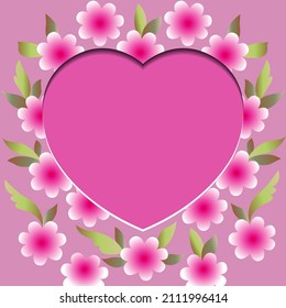 Pink heart on the background of a floral pattern. A frame for your text. Paper cutting and crafting style. For Valentine's Day, Mother's Day, Women, Wedding, Love.