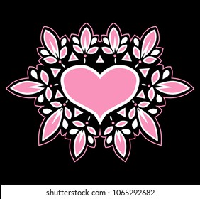 Pink heart on a black background with a decor of petals and leaves. Youth art.