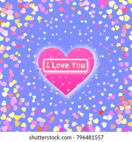 Pink heart on a blue background.  Card for Valentine's Day with colored flying hearts. Valentine's day message. 