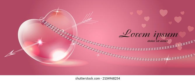 Pink heart on a chain. Greeting card in a romantic style and place for your text

