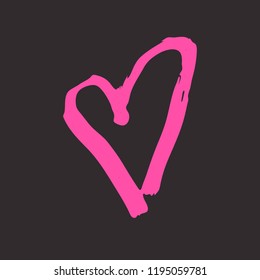Pink heart on the dark background. Hand drawn love symbol. Clip art, brush, ink. Decor element for Valentine's day card, pattern, poster, label, sticker, postcard and print. 