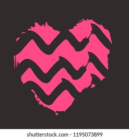 Pink heart on the dark background. Hand drawn love symbol. Clip art, brush, ink. Decor element for Valentine's day card, pattern, poster, label, sticker, postcard and print. 