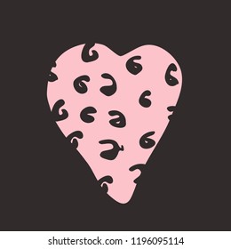 Pink heart on the dark background. Hand drawn love symbol. Clip art, brush, ink. Decor element for Valentine's day card, pattern, poster, label, sticker, postcard and print. 
