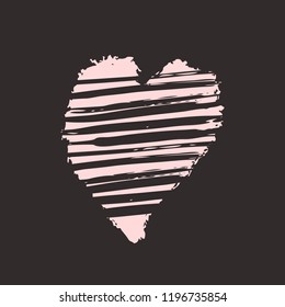 Pink heart on the dark background. Hand drawn love symbol. Clip art, brush, ink. Decor element for Valentine's day card, pattern, poster, label, sticker, postcard and print. 