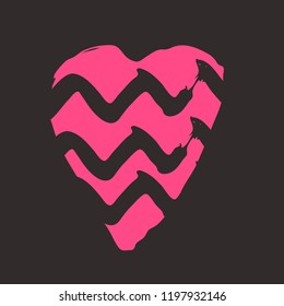 Pink heart on the dark background. Hand drawn love symbol. Clip art, brush, ink. Decor element for Valentine's day card, pattern, poster, label, sticker, postcard and print. 