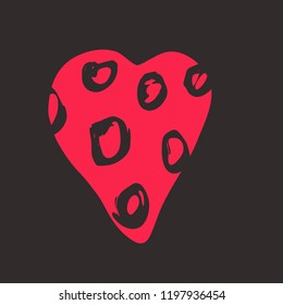Pink heart on the dark background. Hand drawn love symbol. Clip art, brush, ink. Decor element for Valentine's day card, pattern, poster, label, sticker, postcard and print. 