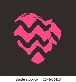 Pink heart on the dark background. Hand drawn love symbol. Clip art, brush, ink. Decor element for Valentine's day card, pattern, poster, label, sticker, postcard and print. 