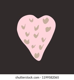 Pink heart on the dark background. Hand drawn love symbol. Clip art, brush, ink. Decor element for Valentine's day card, pattern, poster, label, sticker, postcard and print. 