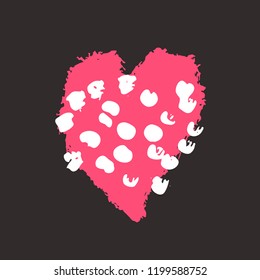 Pink heart on the dark background. Hand drawn love symbol. Clip art, brush, ink. Decor element for Valentine's day card, pattern, poster, label, sticker, postcard and print. 