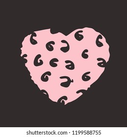 Pink heart on the dark background. Hand drawn love symbol. Clip art, brush, ink. Decor element for Valentine's day card, pattern, poster, label, sticker, postcard and print. 
