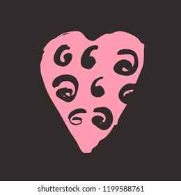 Pink heart on the dark background. Hand drawn love symbol. Clip art, brush, ink. Decor element for Valentine's day card, pattern, poster, label, sticker, postcard and print. 