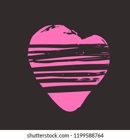 Pink heart on the dark background. Hand drawn love symbol. Clip art, brush, ink. Decor element for Valentine's day card, pattern, poster, label, sticker, postcard and print. 
