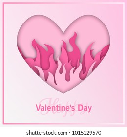 Pink heart on fire illustration with paper layered trend style.