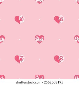 Pink Heart on Fire Seamless Pattern. Burning Heart Symbol of Love for Valentine day design. Hand drawn vector illustration.	
