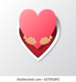 Pink heart on hand holding from window with heart shape.Concept of valentine's day and wedding card.Vector illustration.